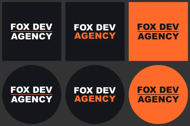 Sada profilových avatarov Fox Dev Agency: štvorcové a kruhové verzie v čiernej a oranžovej