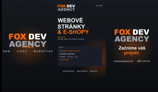 Storyboard reelu Fox Dev Agency s tromi scénami: logo, webové stránky a e-shopy, výzva Začnime váš projekt