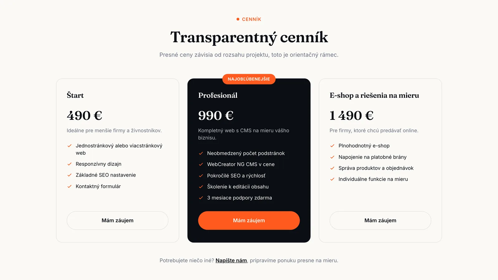 Cenník na webe od AI s cenami 490 €, 990 € a 1 490 €