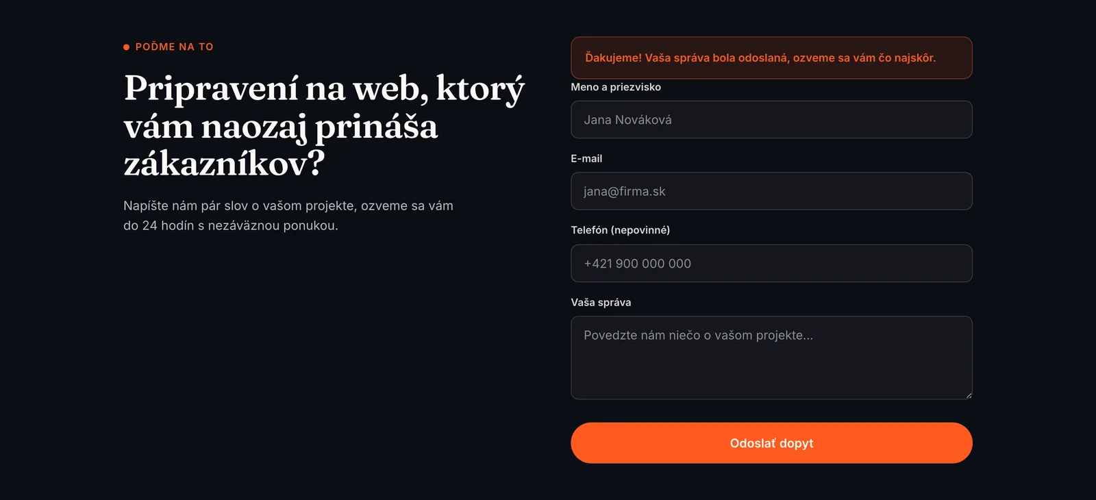Kontaktný formulár webu od AI s hlásením Ďakujeme, Vaša správa bola odoslaná