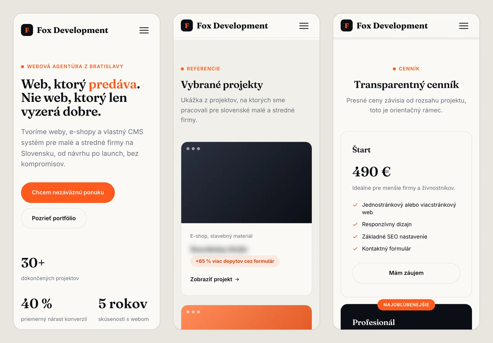 Tri obrazovky webu od AI na telefóne: úvod, portfólio a cenník
