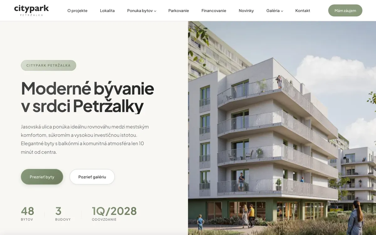 Realitný web CityParkPetrzalka.sk: úvodná stránka s vizualizáciou bytového domu a počtom bytov v projekte
