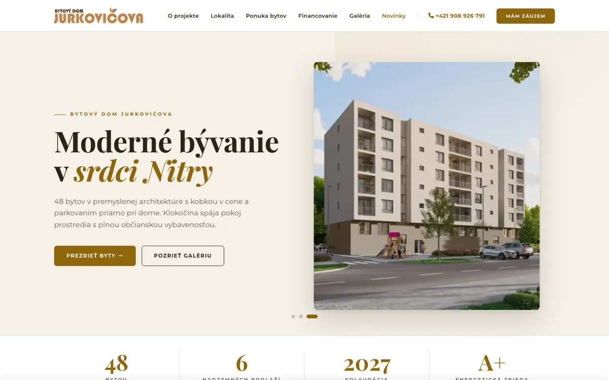 Realitný web Jurkovicova.sk: úvodná stránka s vizualizáciou bytového domu v Nitre a základnými údajmi o projekte